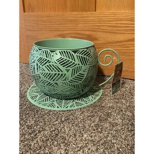 NEW Belavi Metal Tea Cup Planter Seafoam Green Metal Leaf Cutout Garden Decor